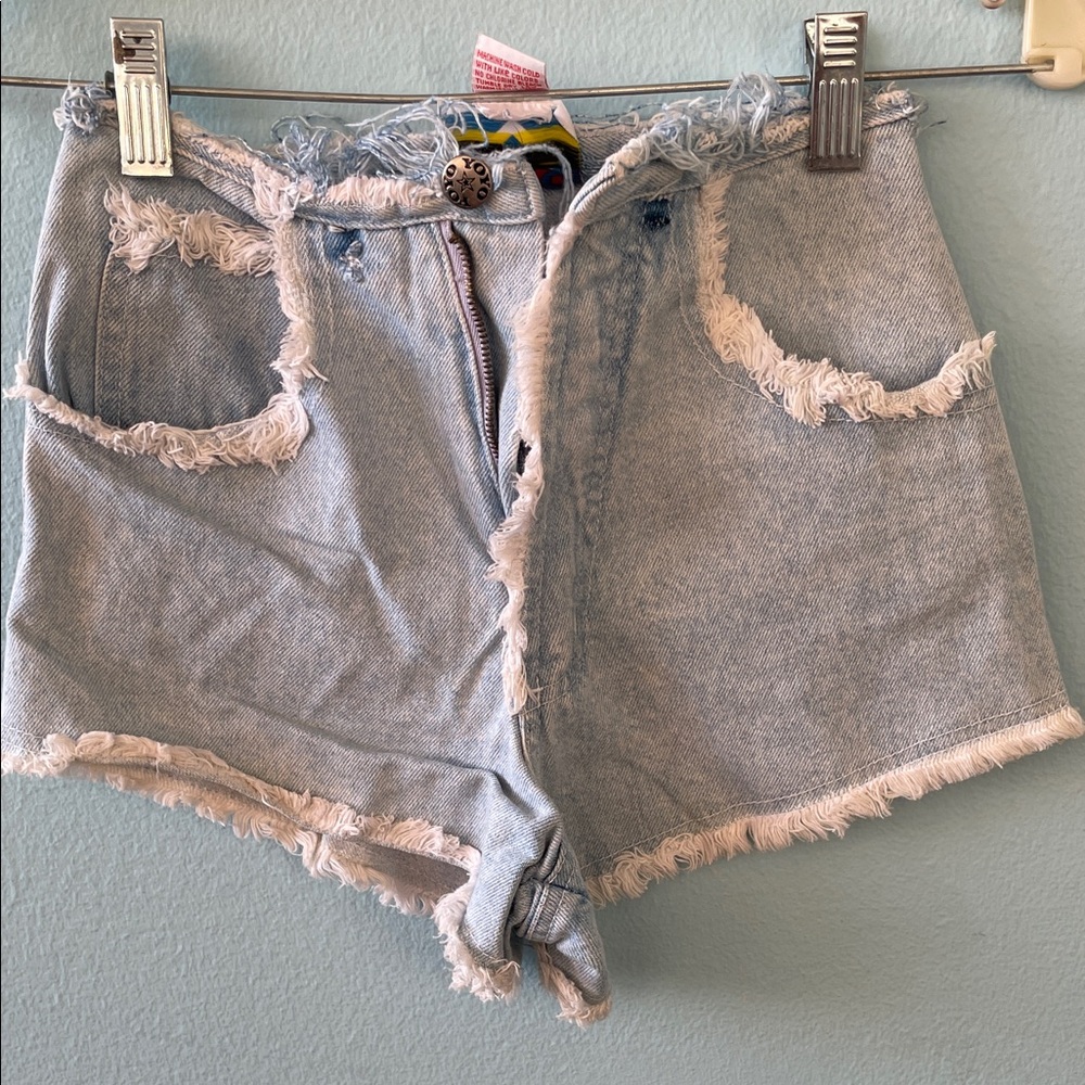 High-Rise Light Blue Frayed Denim Shorts - Women's